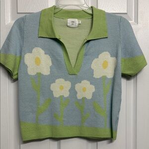 Floral Knit Polo Top in Blue and Green